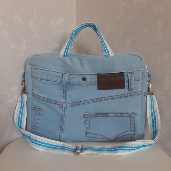 Denim laptop bag Casual jean bag for college Light blue Etsy