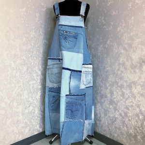 Denim Patchwork Overall Kleid 2XL, Oversized Denim Sommerkleid, Upcycled Jeans Sarafan, Langes Patchwork Trägerkleid, Hipster Boho Denim Kleid