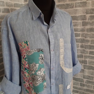 Robe chemise bleue romantique oversize, robe bohème de style gitane, tunique patchwork décontractée image 8