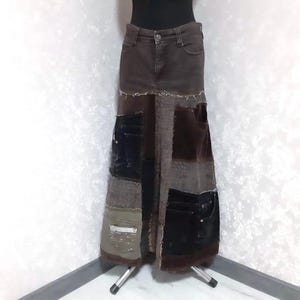 Handmade L Denim patchwork skirt waist 34", Casual long skirt of shabby jeans, Jean skirt in hipster style