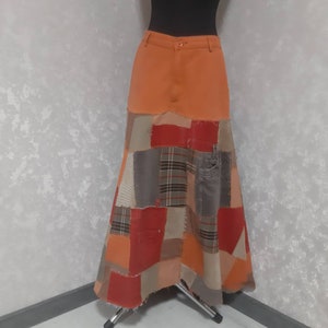 Handmade XL Denim patchwork skirt waist 38&quot;, Casual long skirt of shabby jeans, Multicolor jean maxi skirt in gipsy style