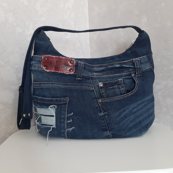 Hobo denim bag medium size Jean shoulder bag Casual handbag of | Etsy