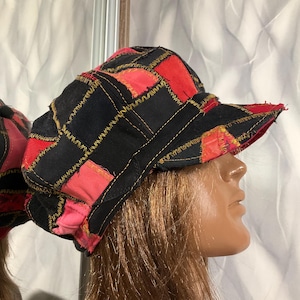 Handmade denim patchwork newsboy cap 24", Boho red black jean hat in street fashion style 61cm, Oversized falls hat