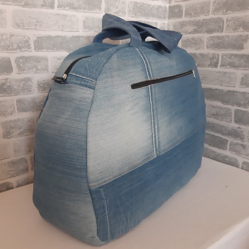 Large travel denim bag, denim shabby tote, weekender denim bag from recycled jeans image 9