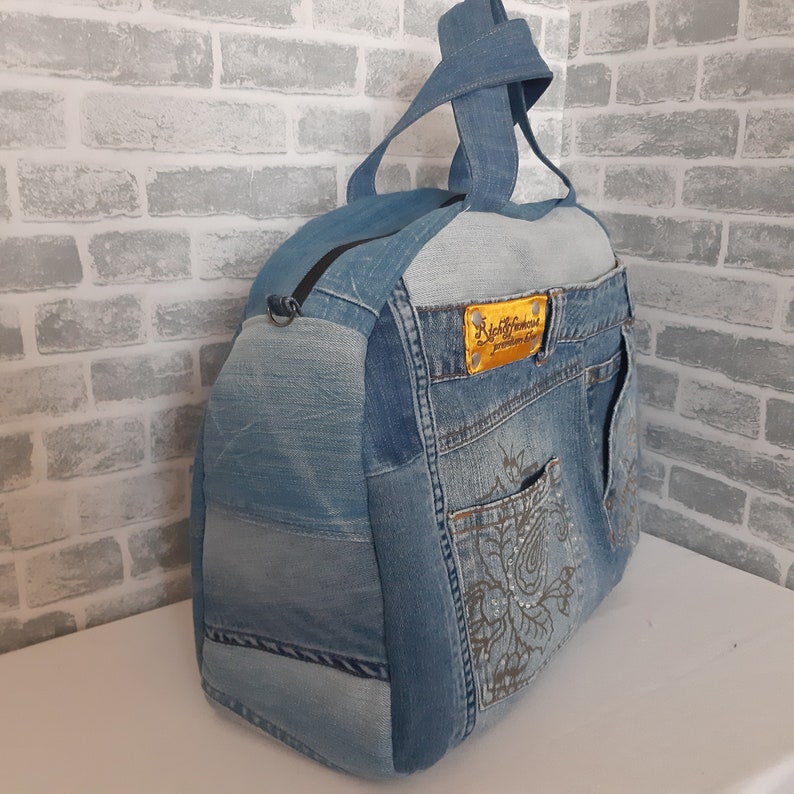 Large travel denim bag, denim shabby tote, weekender denim bag from recycled jeans image 8