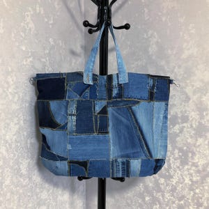 Handmade rxtra large denim bag, Jean tote bag, Blue patchwork market bag, Casual denim purse