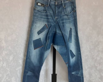 Handmade size XL Denim shabby harem pants waist 35", Patchwork baggy jeans, Unisex denim trousers, Street fashion yoga pants