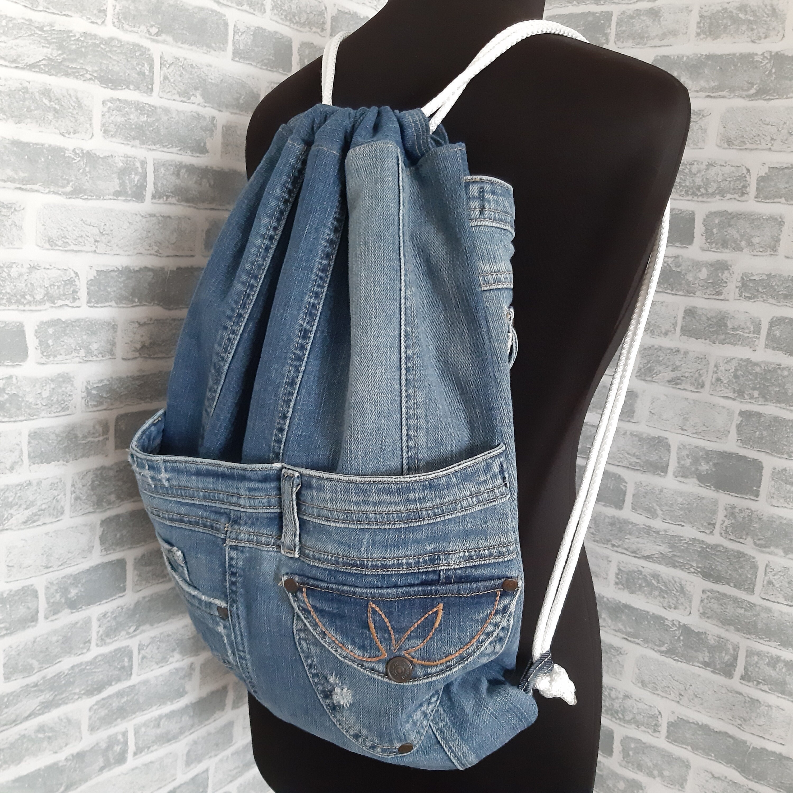 Denim drawstring backpack for college Unisex jean urban Etsy