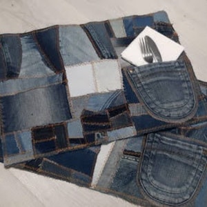 Handmade rustic denim patchwork placemats with cutlery pockets, Farmhouse wedding serving table, Set of 2 pieces