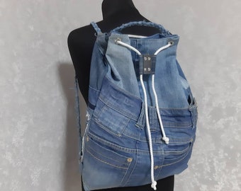 Denim drawstring backpack for college, Jean urban backpack for travel, Casual large backpack of shabby jeans