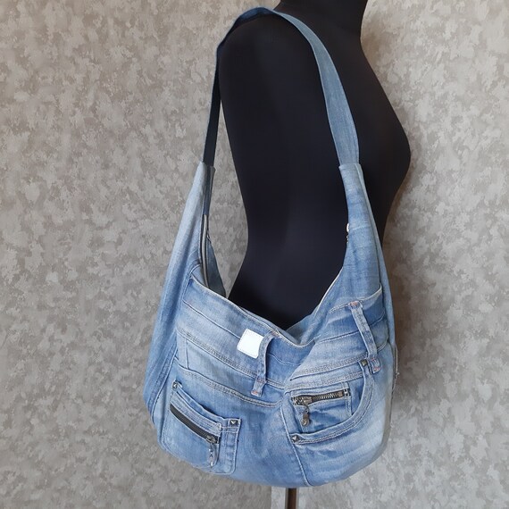 Denim slouchy hobo bag Casual shoulder tote bag of jeans Blue | Etsy