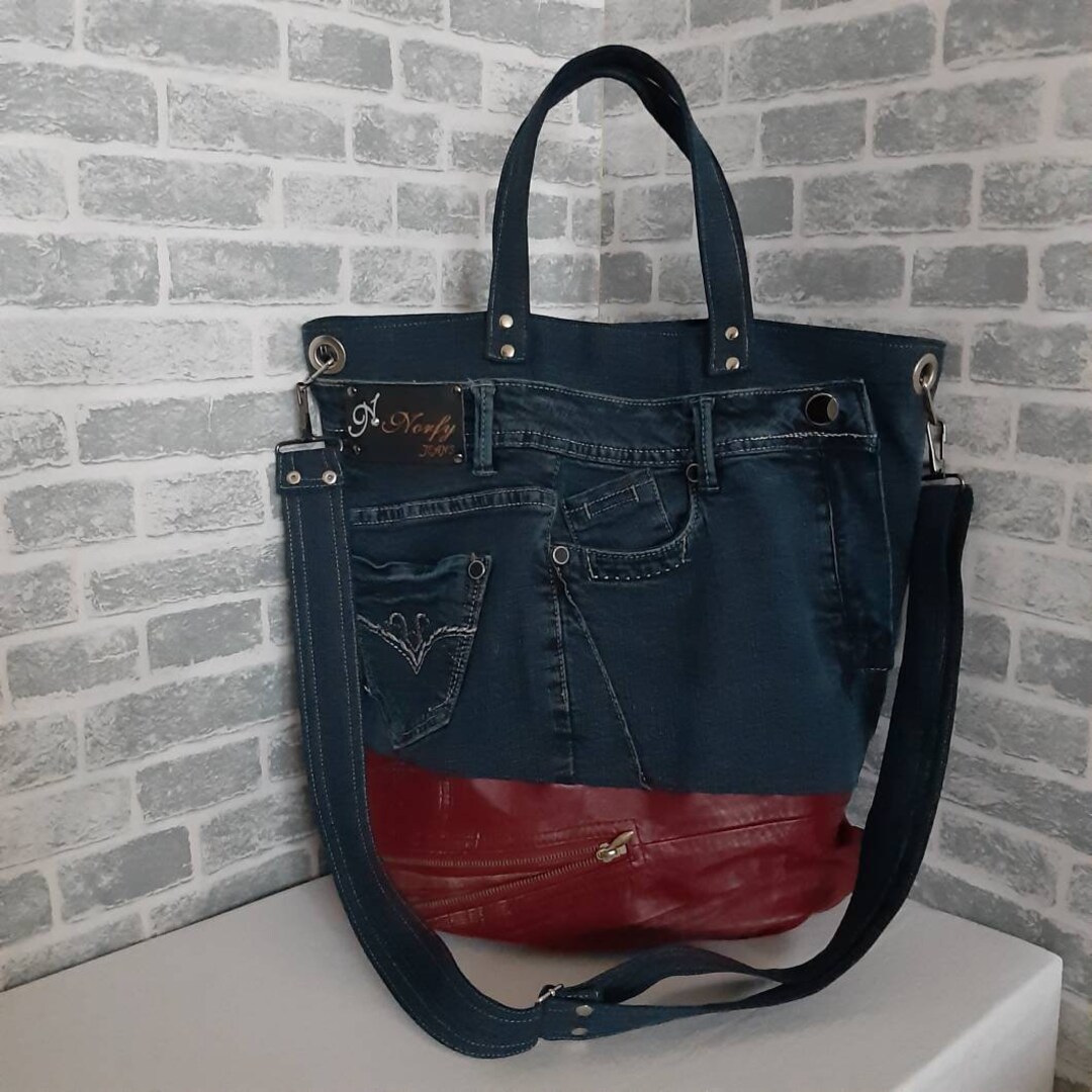Denim Leather Tote Bag Casual Market Bag of Shabby Jeans - Etsy