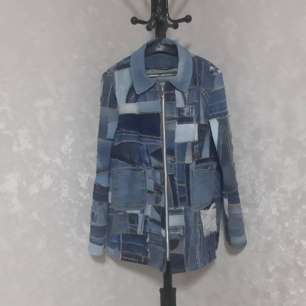 Blue Jacket Patchwork Handmade Patchwork Denim Blue Jacket Size XL, Boro Jacket From Recycled ...