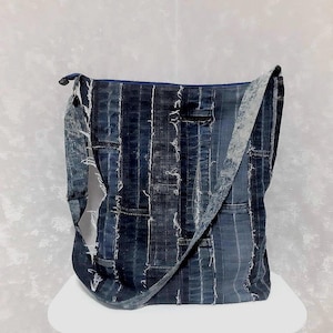 Handmade boro patch denim tote bag, Men&#39;s jean large bag, Casual market tote bag of jeans, Unisex dark blue shoulder bag