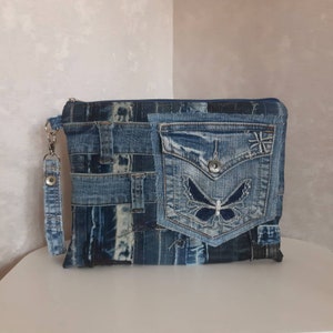 Handgefertigte Clutch-Tasche aus Jeans, Lässige Boro Jeans-Clutch, Wristlet Geldbörse aus shabby Jeans, Abend-Jeanstasche