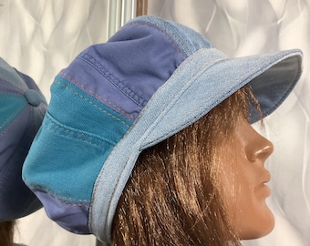 Handmade denim corduroy patchwork newsboy cap 24,4", Boho blue jean hat in street fashion style, Falls patchwork hat 62cm