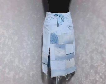 Falda vaquera de patchwork hecha a mano, talla M. Falda informal azul, cintura 31", falda vaquera azul de largo medio estilo hipster.