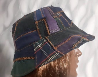 Handmade denim patchwork bucket hat 23", Boho jean hat in street fashion style, Casual patchwork hat 58cm, More models