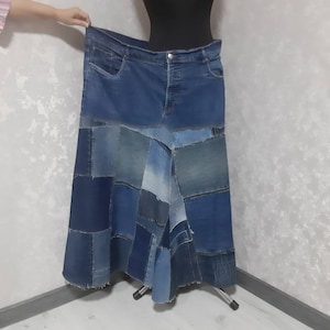 Handmade 5XL denim patchwork skirt waist 48&quot;, Plus size casual long skirt of shabby jeans, Blue jean maxi gipsy skirt