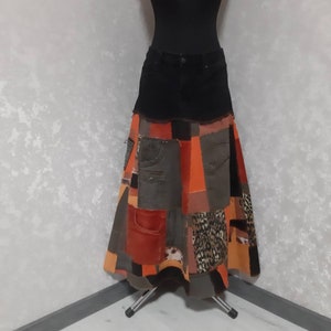 Handmade L Denim patchwork skirt waist 34&quot;, Casual long skirt of shabby jeans, Multicolor jean maxi skirt in hipster style