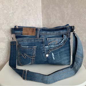 Handmade denim shoulder bag, Casual denim bag medium size, Crossbody blue jean purse