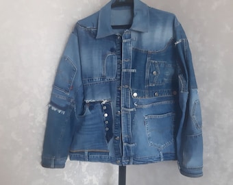Mens Patchwork Denim Jacket L/XL, Boro Recycled Denim Jacket, Blue Distressed Jean Coat, Hipster Upcycled Denim Jacket, Handmade Patchwork
