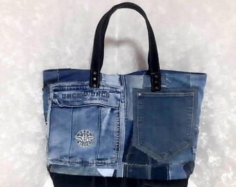 Men Tote Bag From Jeans Handmade Patchwork Denim Tote Bag, Large