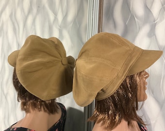 Handmade denim newsboy cap 22,4", Boho beige jean hat 57cm in street fashion style, Unisex denim patchwork hat