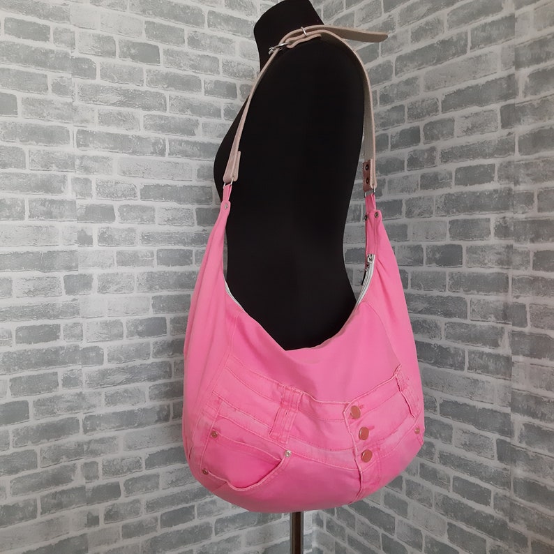Pink denim slouchy hobo bag Jean large bag Casual tote bag | Etsy
