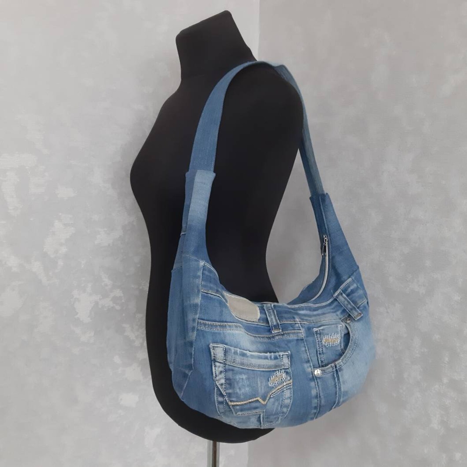 Denim slouchy bag Casual hobo bag of shabby jeans Jean purse | Etsy