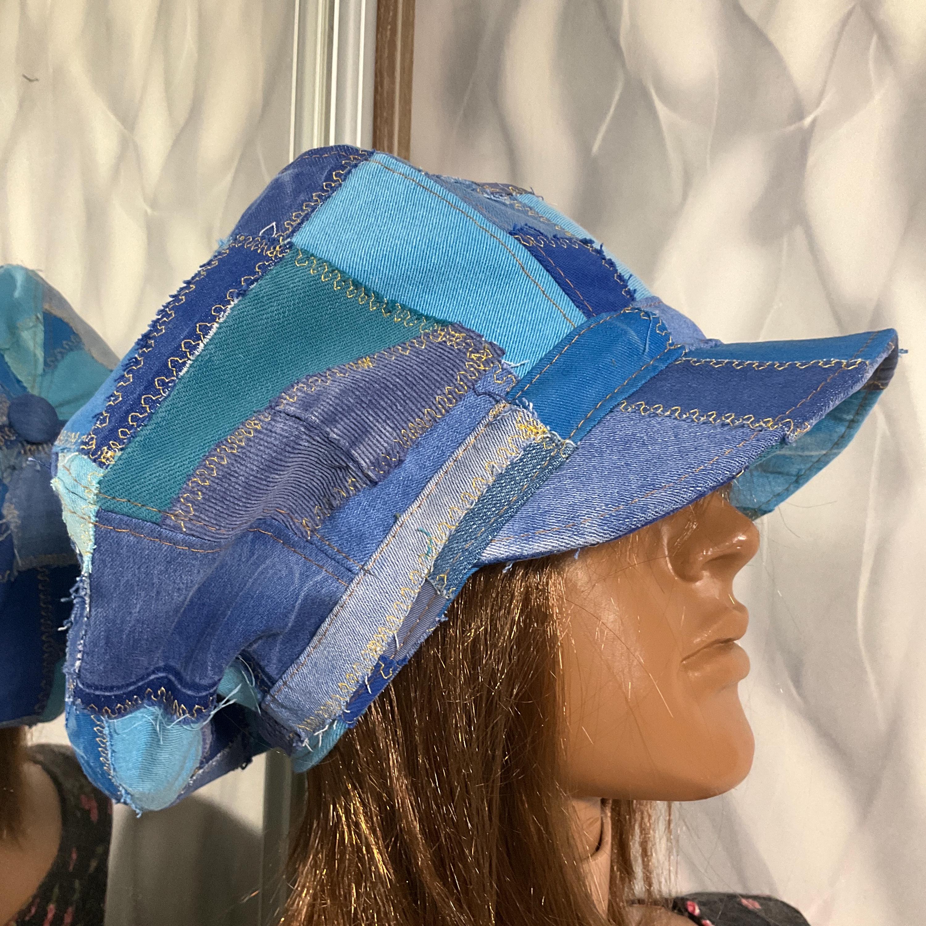 Vintage 70s Homemade Cabbie Hat Cap Retro Denim Boho