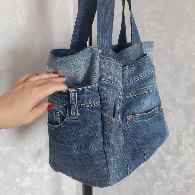 Large denim bag Casual tote bag of shabby jeans Jean market | Etsy