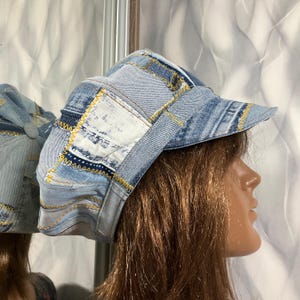 Handmade denim patchwork newsboy hat 23,2", Boho blue cotton hat in street fashion style, Falls patchwork hat 59cm