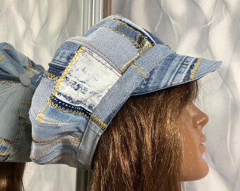 Vintage Patchwork Denim Newsboy Cap Baker Hat Y2K Boho Distressed Large Pocket Denim Patchwork Newsboy Cap 61cm/24”, Boho Red Black Jean  main image 4