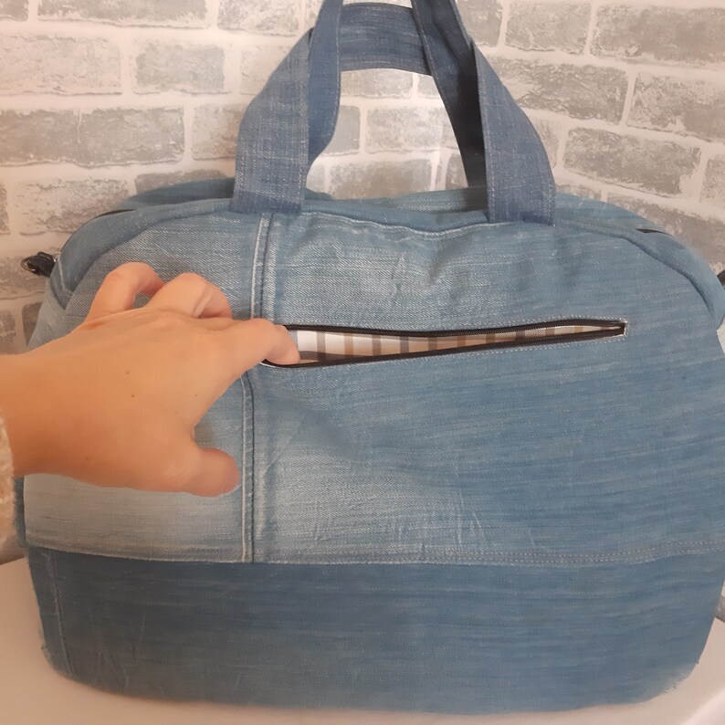 Large travel denim bag, denim shabby tote, weekender denim bag from recycled jeans image 7