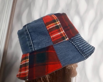 Patchwork-Jeanshut aus Denim, 56–58 cm, Boho-Stil, mehrfarbig, lässiger Streetstyle-Hut, Sonnenhut aus recyceltem Denim