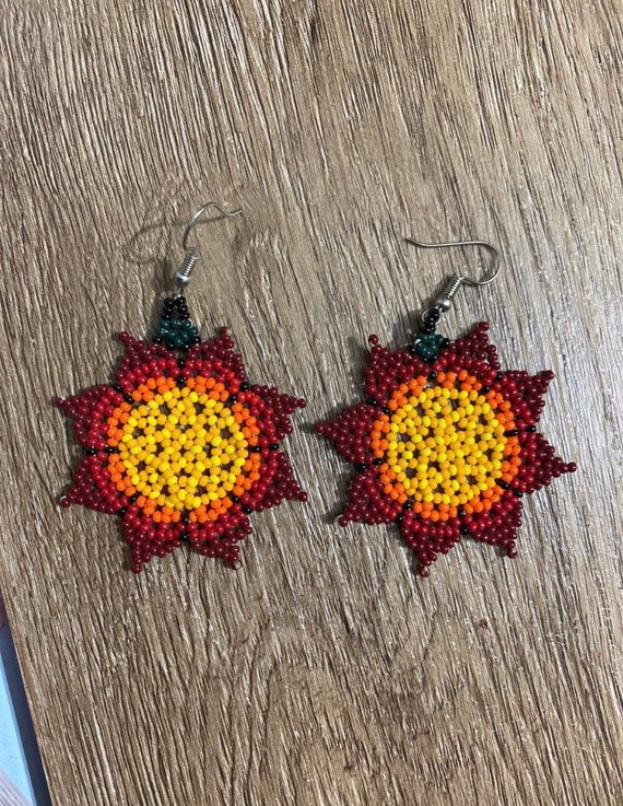 Huichol Chaquira Beads, Jewelry, Flower Earrings, Aretes De Flor