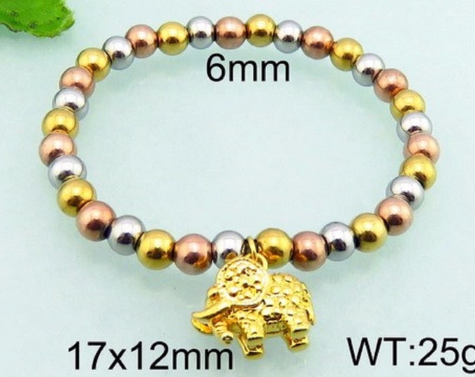 Gold-Silver-Rose Gold Bracelet Charm with Elephant Charm, Chain with Gift Box, Three Color Beads, Elephant Charm, Adjustable Beaded Bracelet