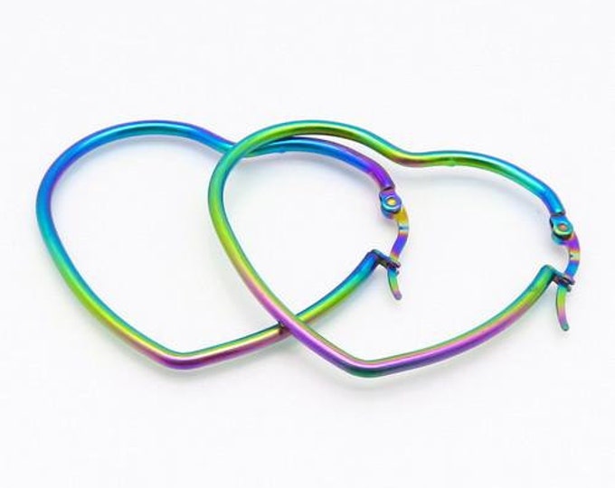 Rainbow Heart Hoop Earrings - Stainless Steel Hoop Earrings - Heart Hoop Earrings - Heart Earrings - Rainbow Large Heart Hoop Earrings