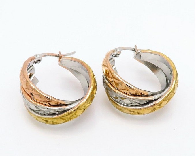 Tri Color Gold Twisted Hoop Earrings (22 x 11 mm) / Stainless Steel Hoop Earring / Rose Gold, Gold and Silver