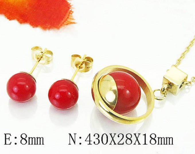 Red Choker Necklace and Stud Earring Set - Stainless Steel Gold - Circular Jewelry Sets - Perfect Gift for Her