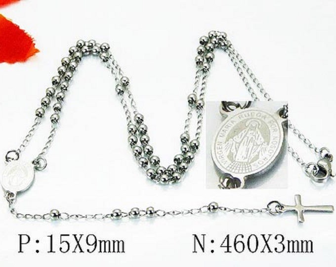 Rosary Necklace Silver, Chain Necklace Stainless Steel / Rosario Color Plateado 3mm