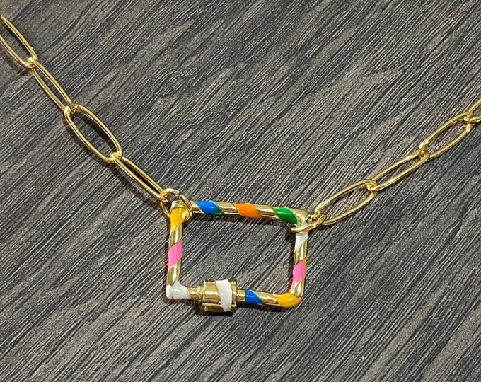 Rainbow Spiral Carabiner Clasp Paperclip Chain - Medium Rectangular Enamel Design - Vibrant Jewelry Accent"