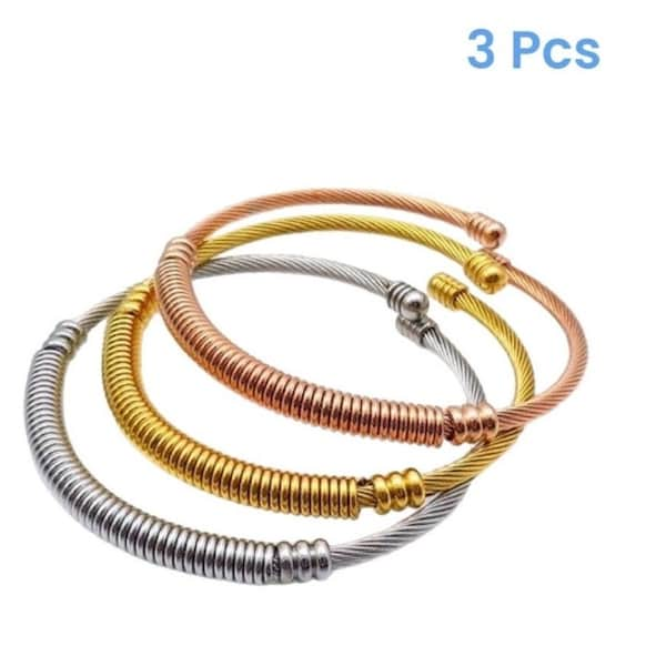 Bangles 3 pcs | Three Colors Cuff  | Stainless Steel Bangle | Gold Twisted Bangle | Adjustable Bangle | Open Bangle | Stacking Bracelet