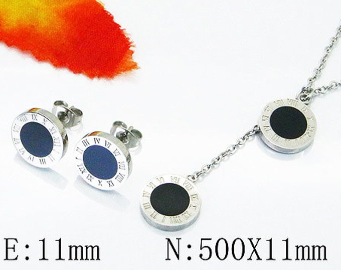 Simple Statement Earrings Luxury Designer Stainless Steel Necklace & Stud Earrings Set For Women Jewelry Gifts, Black Roman Numerical