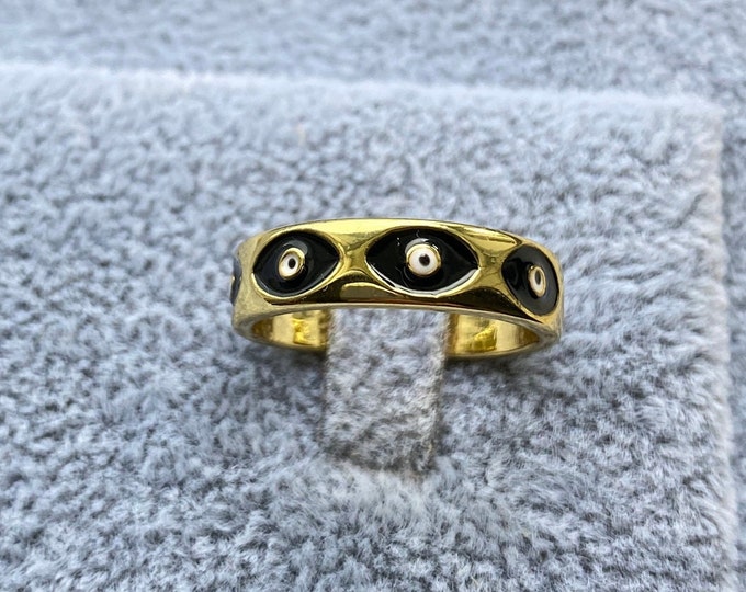 Evil Eye Ring, Gold Stackable Ring, Evil Eye Ring Gold, Handmade Jewelry, Spiritual Protection Ring, Eye Ring, Anillo Ojo Turco Black