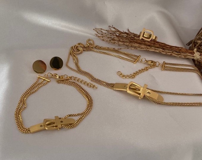 Gold Belt Buckle Jewelry Set - Trendy and Bold Accessories - Necklace, Earrings, Ring & Bracelet