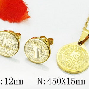 Round Religious Saint Benedict Medallion Pendant Necklace • Stainless Steel Religious Coin Pendant Necklace
