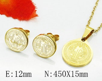 Round Religious Saint Benedict Medallion Pendant Necklace • Stainless Steel Religious Coin Pendant Necklace
