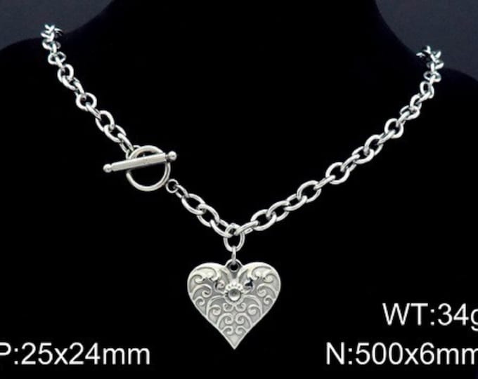 Cable Chain 6mm Charm Heart Silver Color in Stainless Steel, Necklace Charm Silver, Cadena Con Dije de Corazon, Pendant Heart Neck Collar